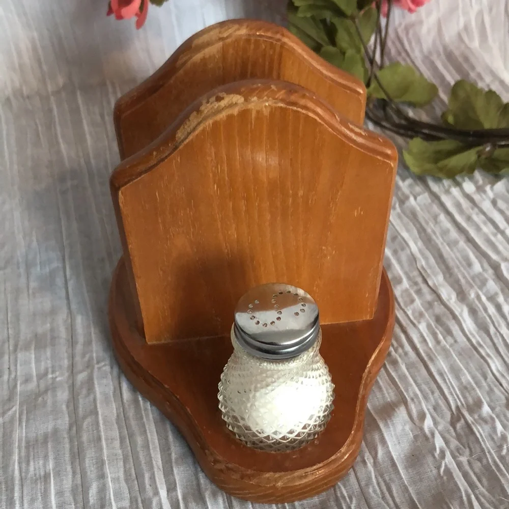 Vintage 1960s Salt & Pepper Shakers Cut Glass Beveled & Pfalzgraff napkin holder